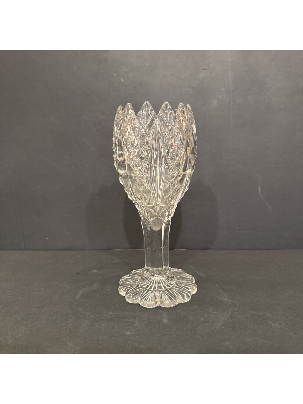 EAPG Clear Cut Glass Vase / Bouquet Pedestal Vase Very Detailed 8.75” H By 4” W